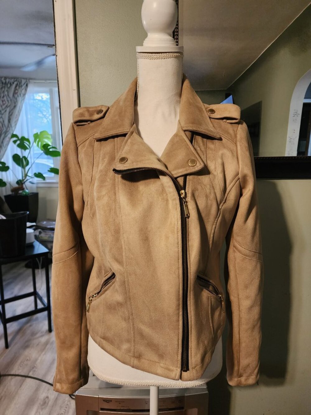 JOU JOU faux suede mid weight zip jacket - biker crop - beige taupe
